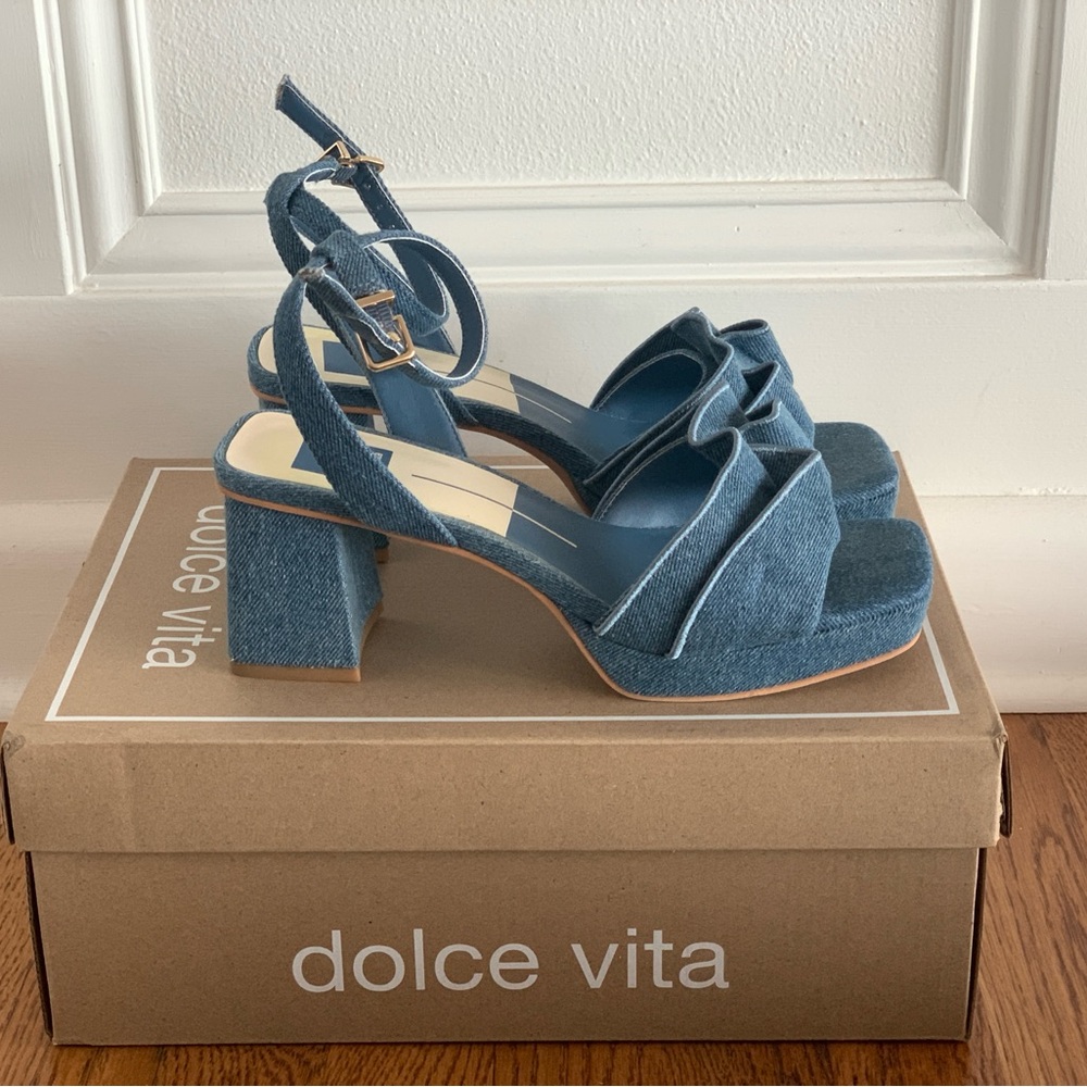 Dolce Vita Cheer ankle strap sandal in blue denim, size 7.5